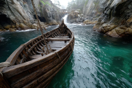 A rustic wooden boat is anchored in clear turquoise water, surrounded by rugged cliffs and a cascading waterfall.の写真素材