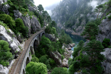 A railway bridge spans a river surrounded by lush greenery and rocky cliffs in a foggy setting.の写真素材