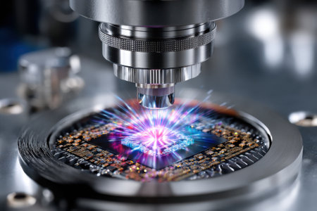 High-tech equipment applies precision techniques to create intricate microchip designs in a laboratory.の写真素材