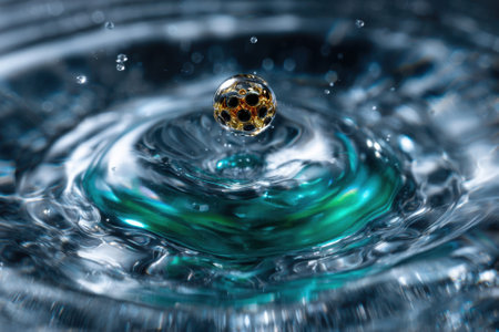 A droplet splashes into water, creating ripples and reflections with captivating blue and gold tones.の写真素材