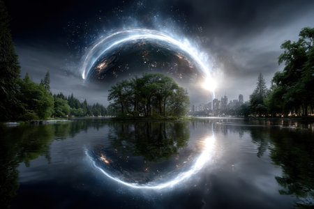 A vibrant, glowing orb looms above a serene lake, reflecting its light on calm waters near a futuristic skyline.の写真素材