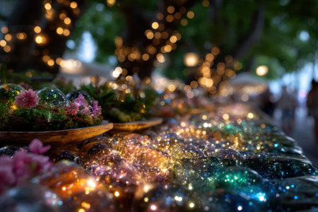 Colorful glass orbs filled with sparkles and flowers displayed at a vibrant market in the evening light.の写真素材