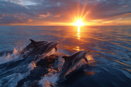Three dolphins leap gracefully from the water as the sun sets over the horizon, creating a colorful backdrop.の写真素材