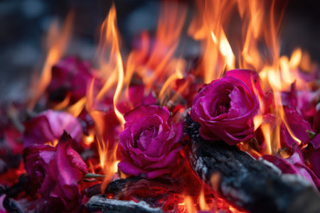 Pink roses are engulfed in bright flames, creating a striking contrast against the dark background.の写真素材