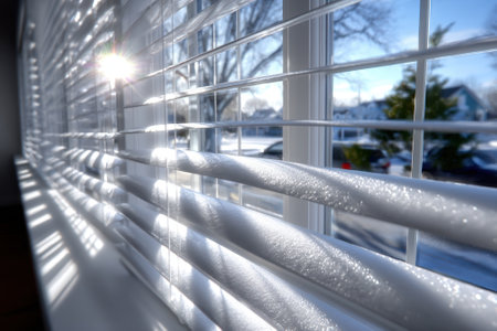Bright sunlight filters through white blinds, illuminating a cozy indoor setting on a snowy morning.の写真素材