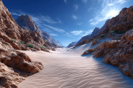A mesmerizing desert landscape features rolling sand dunes and majestic rocky mountains bathed in sunlight.の写真素材
