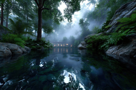 Mysterious fog envelops a tranquil riverbank in a dense forest during twilight, with water reflecting greenery.の写真素材