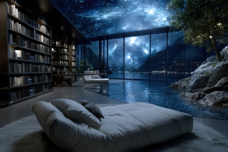 A serene, modern room features a large window overlooking a starry night sky and tranquil water.の写真素材