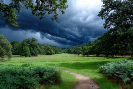 Dark clouds gather above a lush meadow surrounded by trees, creating an atmospheric and peaceful setting.の写真素材