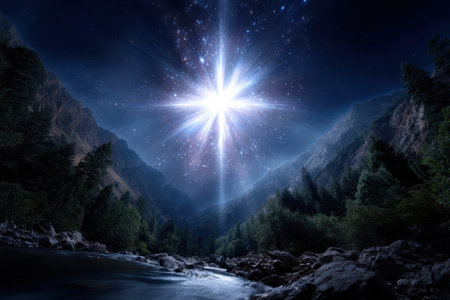 Bright star shines over a tranquil mountain valley with a river reflecting the cosmic glow.の写真素材
