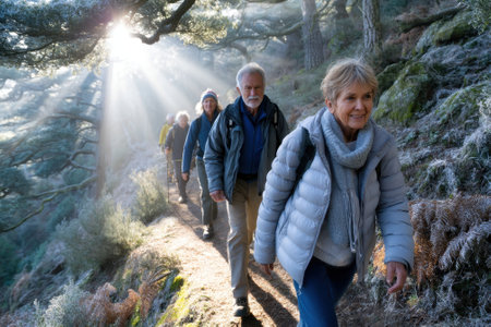 A group of older adults walks along a forest trail, enjoying sunlight filtering through the trees.の写真素材