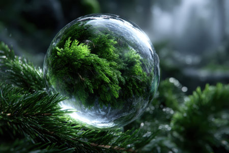 A crystal sphere reflecting vibrant green foliage sits on a bed of pine branches in a tranquil forest.の写真素材