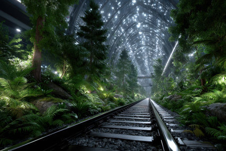 Railway tracks extend into a glowing tunnel adorned with vibrant greenery and delicate lights.の写真素材