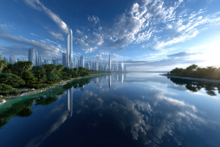 Tall skyscrapers reflect in a tranquil body of water, surrounded by greenery under a clear blue sky.の写真素材