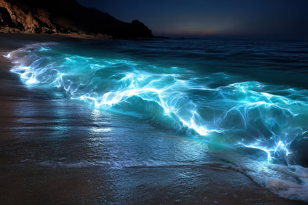 Bioluminescent waves glow vividly along the shoreline under a starry night sky.の写真素材