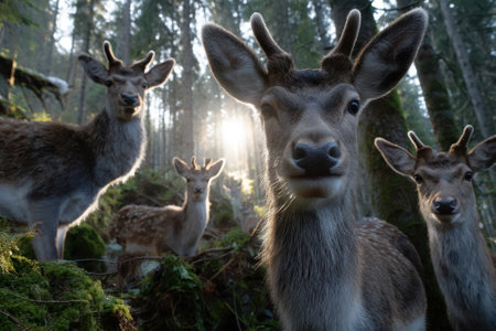 Four deer stand together in a dense forest, with rays of sunlight highlighting their features amidst the greenery.の写真素材