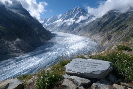 A breathtaking glacier travels through a mountainous landscape, surrounded by lush greenery and flowers.の写真素材