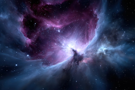 A stunning nebula filled with purple and blue hues, revealing star formations against a dark backdrop.の写真素材