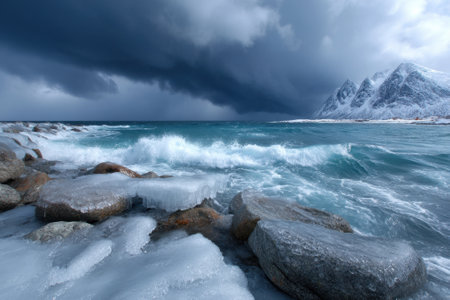 Rough waves crash against icy rocks as dark clouds loom over the coast during winter.の写真素材