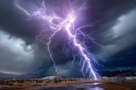 Lightning bolts streak through dark clouds over a desert, creating a stunning thunderstorm view.の写真素材