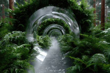 A mystical pathway in a forest features reflective circular structures surrounded by ferns and fog.の写真素材