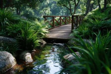 A wooden bridge spans a clear stream surrounded by vibrant greenery in a tranquil forest setting.の写真素材