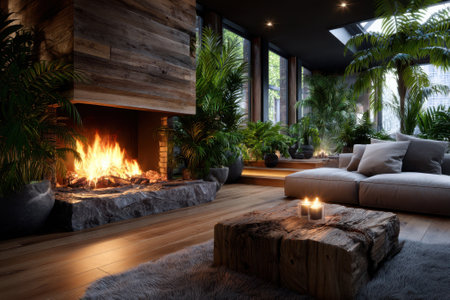 A warm living area features a crackling fireplace surrounded by lush plants and comfortable seating.の写真素材