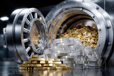 A vault door is open, revealing stacks of gold bars and silver ingots inside, indicating wealth.の写真素材