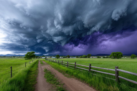 Majestic storm clouds gather in a vibrant sky, casting shadows over a dirt path and surrounding fields.の写真素材