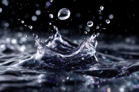 Water droplets splash and create ripples in a dark setting, showing dynamic movement and detail.の写真素材