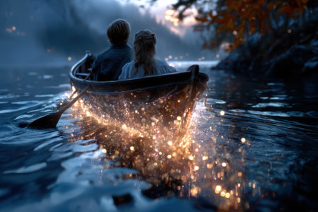 Two people paddle softly on a foggy lake at twilight, creating a magical atmosphere.の写真素材