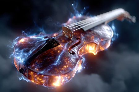 A stunning violin radiates with electric energy in a dark, mystical atmosphere filled with vibrant colors.の写真素材