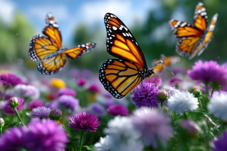 Butterflies dance gracefully above blooming flowers in a bright garden during a sunny day.の写真素材