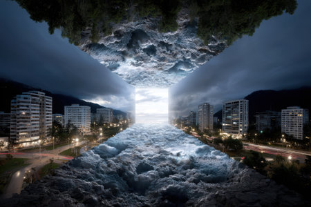 A unique visualization shows a city juxtaposed with turbulent waves and a stormy sky, evoking wonder.の写真素材