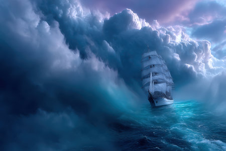 A sailing ship braves high waves and swirling clouds, evoking adventure and courage in a dramatic seascape.の写真素材