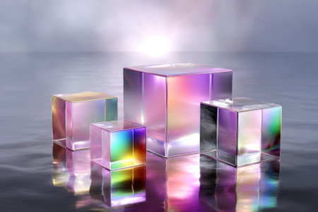 Four glass cubes of different sizes sit on a tranquil water surface, reflecting vibrant colors and light.の写真素材