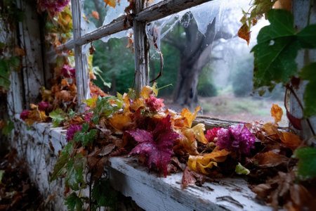 Vibrant foliage spills over a dilapidated windowsill, with misty trees visible beyond the glass in autumn.の写真素材