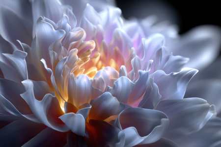 The flower showcases layers of soft, shimmering petals radiating gentle pastel hues and an inner glow.の写真素材