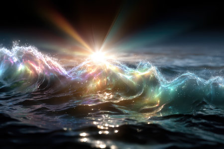 Waves at dawn shimmer with vibrant colors as sunlight breaks through, creating a magical ocean view.の写真素材