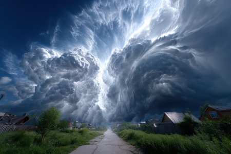 Dark, swirling storm clouds fill the sky above a quiet rural road surrounded by greenery, hinting at an impending storm.の写真素材