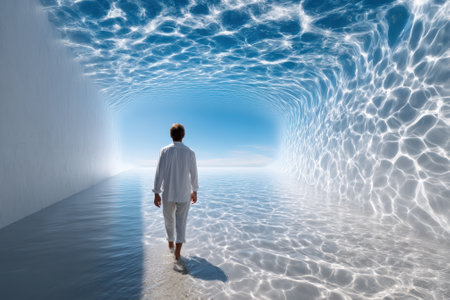 A person strolls through calm water in a dreamlike landscape with walls reflecting light and waves.の写真素材
