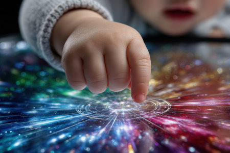 A young child explores a vibrant, swirling light design on a touchscreen, captivated by the colors.の写真素材
