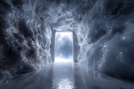 Bright light shines through a doorway in a frozen cavern, highlighting icy textures and reflections.の写真素材