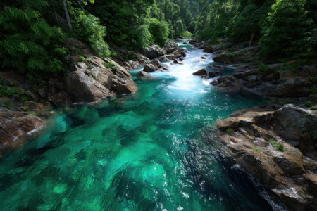 A vibrant river with turquoise water winds through rocks and dense greenery under bright sunlight.の写真素材