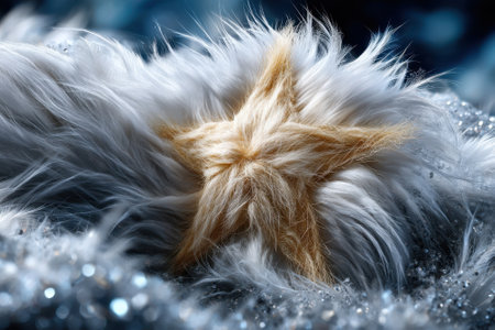 A golden star rests on fluffy white fur surrounded by glimmering decorations, creating a cozy winter atmosphere.の写真素材
