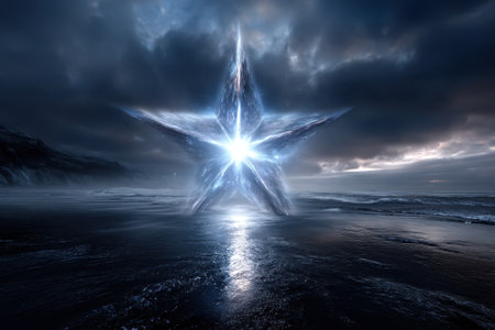 A bright star-shaped formation emanates light amidst dark clouds over a calm oceanwater at twilight.の写真素材