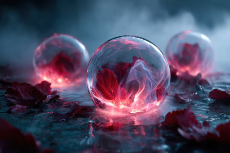 Glowing orbs surround vibrant red flowers in a mystical atmosphere filled with soft mist and shadows.の写真素材