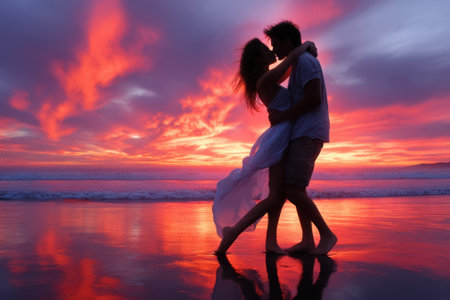 A couple embraces passionately on the beach during a stunning sunset with colorful skies and reflections.の写真素材