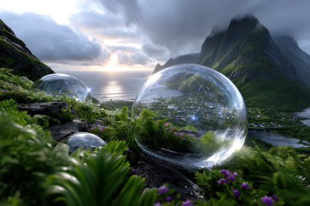 Majestic mountains frame a coastal view with transparent spheres amidst lush green ferns, reflecting the sunset.の写真素材