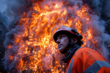 Firefighter monitors intense flames and smoke engulfing a building in a city during an emergency.の写真素材